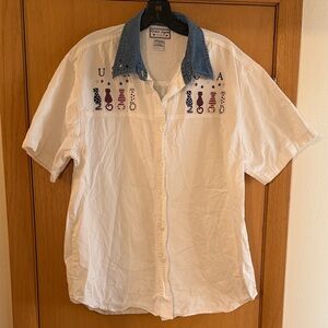 Quizz Again Shirt Women’s Vintage USA Cat Embroidered Shirt White Blue Large